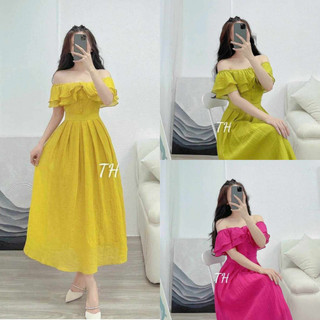 Đầm nữ bẹt vai xếp ly bèo nút bọc có mút sang trọng dự tiệc