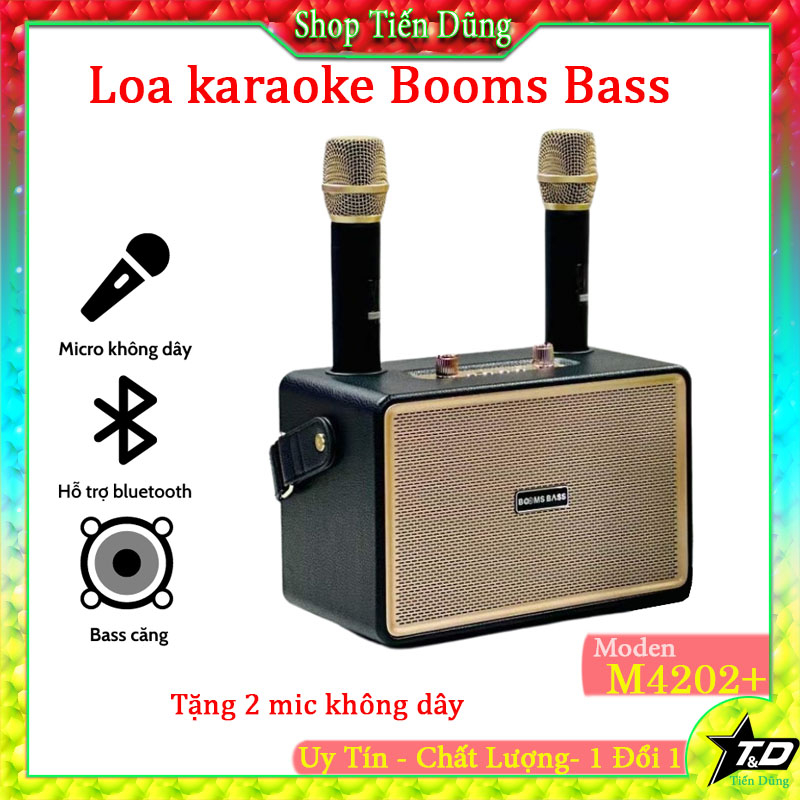 Loa karaoke Booms Bass M4202 hỗ trợ bluetooth V5.3, âm thanh HiFi, TWS kết nối 2 loa, tặng 2 mic không dây, cắm được USB