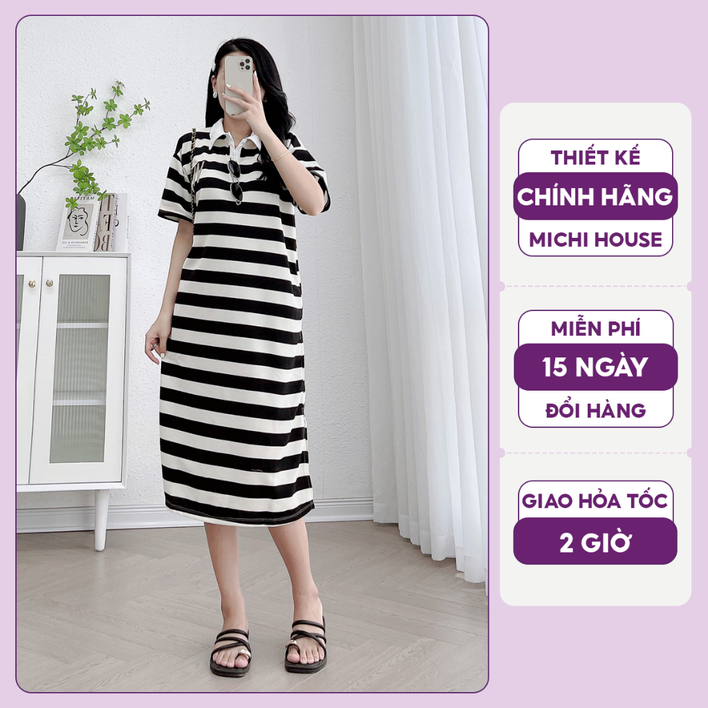 Đầm Thun Suông Michi House Váy Thun Xuông Công Sở Kẻ Sọc Dáng Dài Qua Gối Thanh Lịch Freesize Bầu Mặc Xinh V635