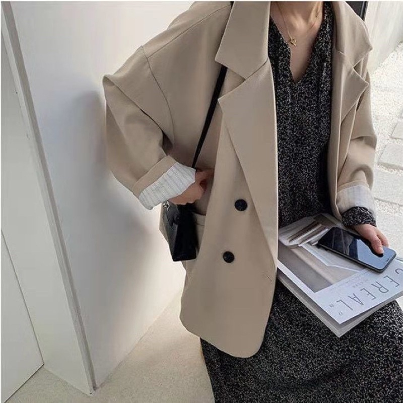 Áo khoác Blazer nữ dáng dài form rộng màu trơn vải 2 lớp dày dặn phong cách Hàn Quốc - traitimmuathua9 | BigBuy360 - bigbuy360.vn