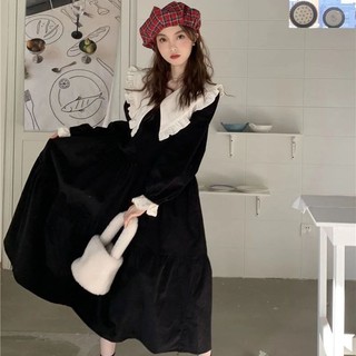 Đầm babydoll cổ búp bê chất nhung tăm phong cách Hàn Quốc