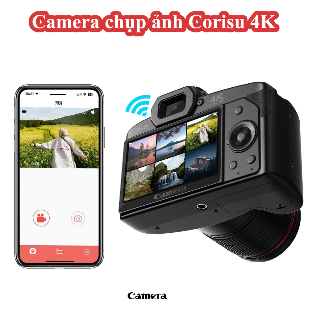 Máy ảnh kỹ thuật số mini Camera KAW-CORISU D5 triệu màu kết nối app, ống kính Lens, Micro, đèn chuyên nghiệp