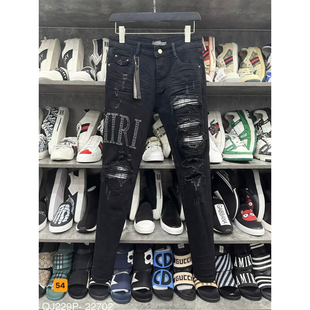 Quần jean dài nam chất denim cao cấp thêu logo chữ kèm vá da trắng cực chất form chuẩn skinny