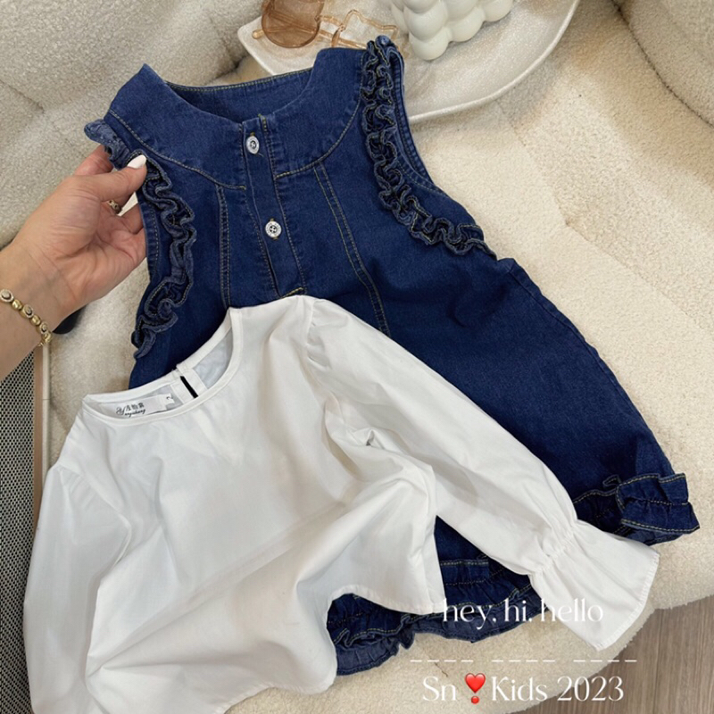 Giá sỉ set váy Rin sát nách phối áo tay nhún thô mềm