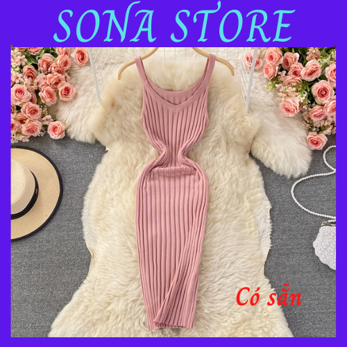 Váy body len gân dệt kim 2 dây đầm ôm nữ sexy gợi cảm chất đẹp sang chảnh tiểu thư bánh bèo cute hàng quảng châu cao cấp