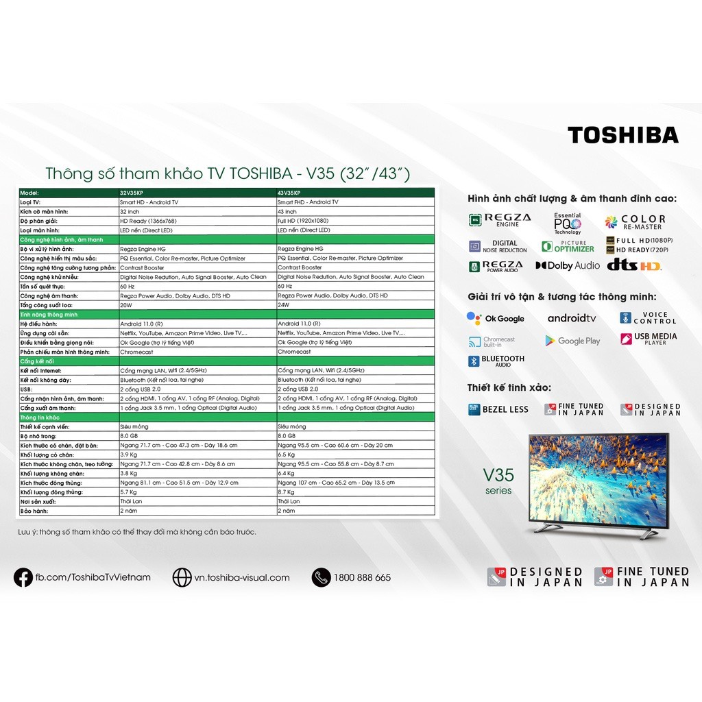 Smart TV TOSHIBA Android LED HD 32'' 32V35KP - Bảo hành 2 năm