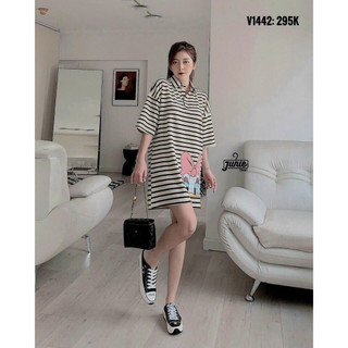 Đầm suông cổ sơ mi sọc in hình đơn giản năng động siêu xinh mặc ở nhà, đi chơi đều được