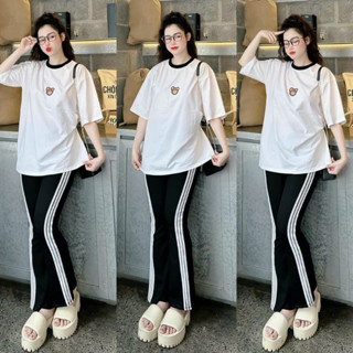 Set đồ bộ nữ, áo ngắn tay cổ trong from dài rộng mix quần thun dài ống loe