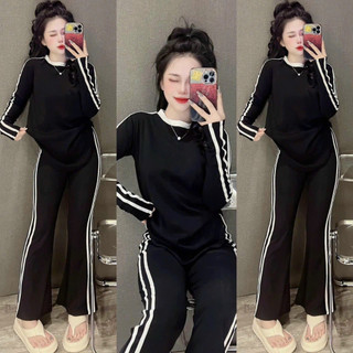 Set bộ thun thể thao nữ, set thun gân áo tay dài cổ tròn mix quần dài ống loe phối viền cá tính