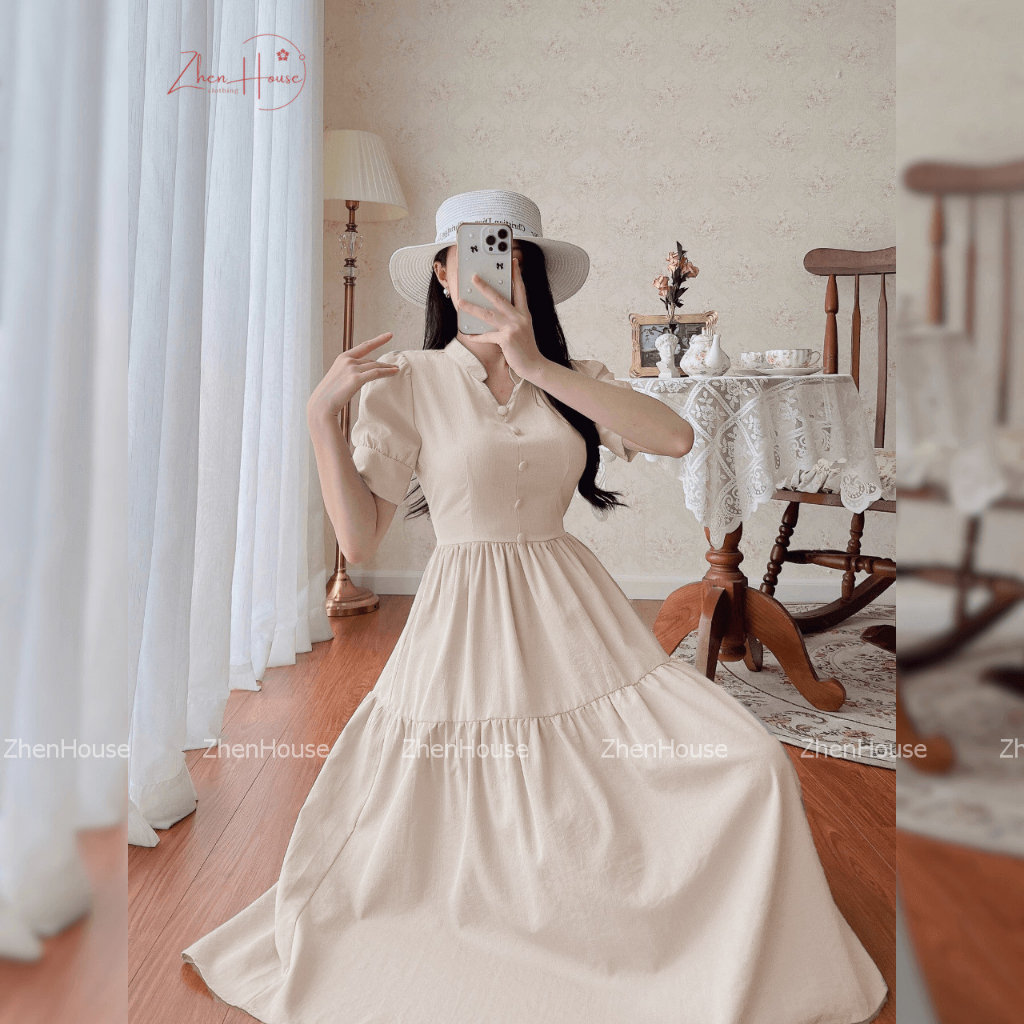Váy Cổ Tàu Dáng Dài Chất Đũi Không Nhăn Phong Cách Tiểu Thư VH12 ZhenHouse