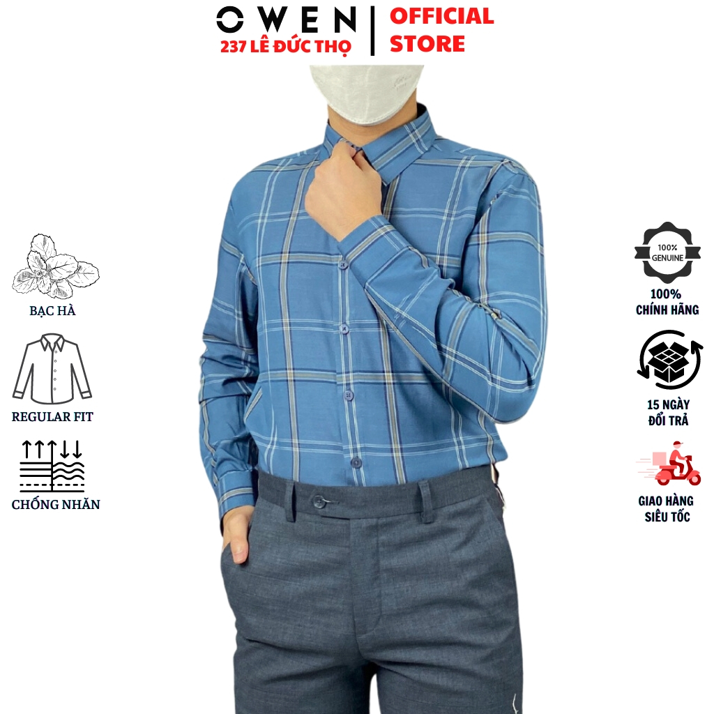Áo sơ mi nam OWEN AR220812D somi dài tay công sở kẻ caro xanh đậm regular fit tà lượn không túi chất bạc hà cao cấp