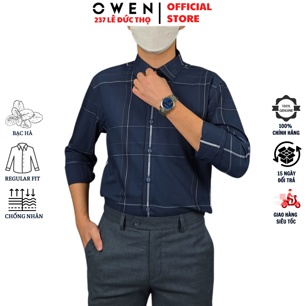 Áo sơ mi nam OWEN AR221055D somi dài tay công sở caro lớn xanh trắng regular fit tà lượn không túi chất bạc hà cao cấp