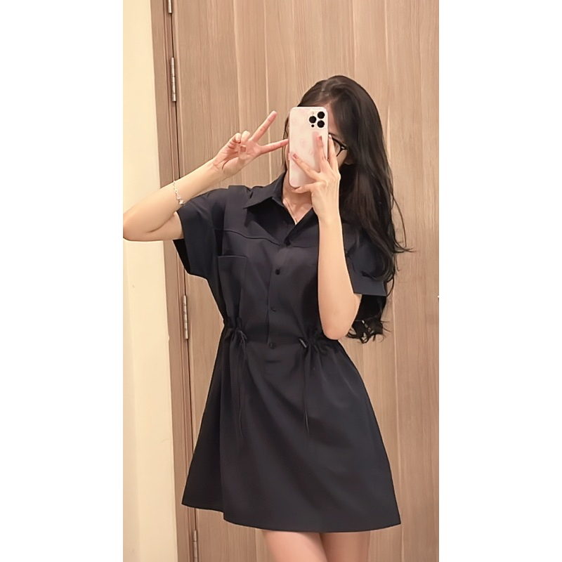 Váy sơmi kaki rút eo cổ đức dáng ngắn