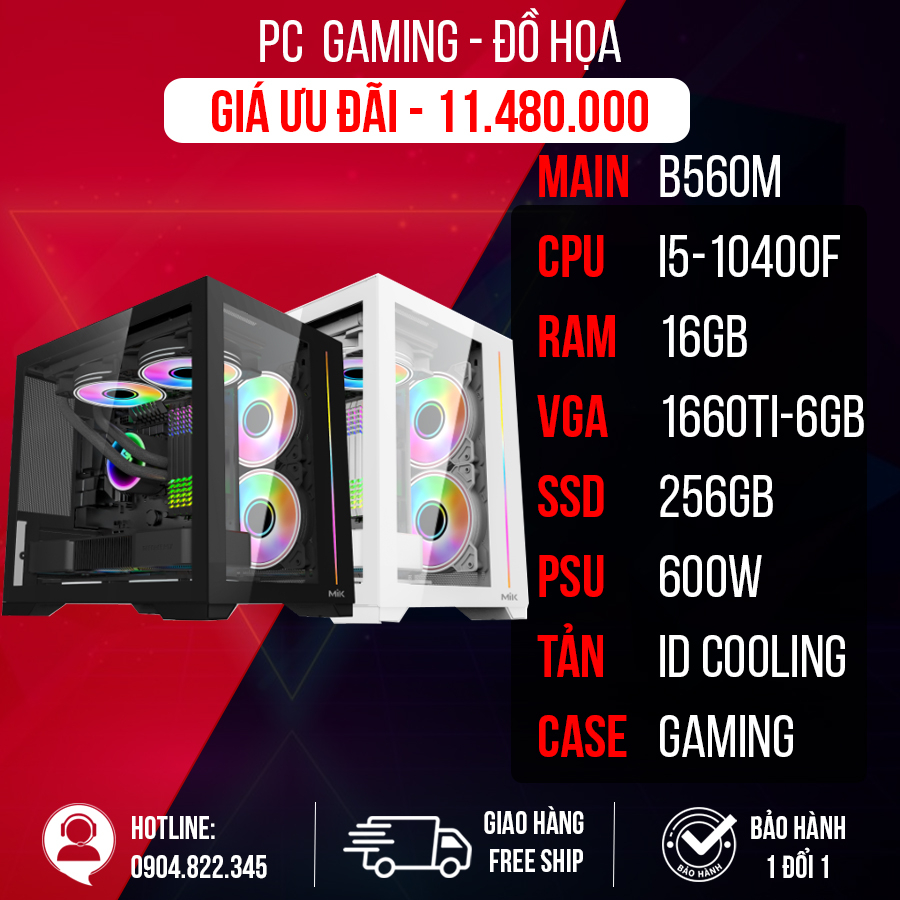 Bộ PC Gaming B560 | I5 10400F |GTX 1660ti 6GB | RAM 16GB |ID Cooling 240XT GIÁ SIÊU SỐC Mới 100% Bảo hành 36 Tháng chính