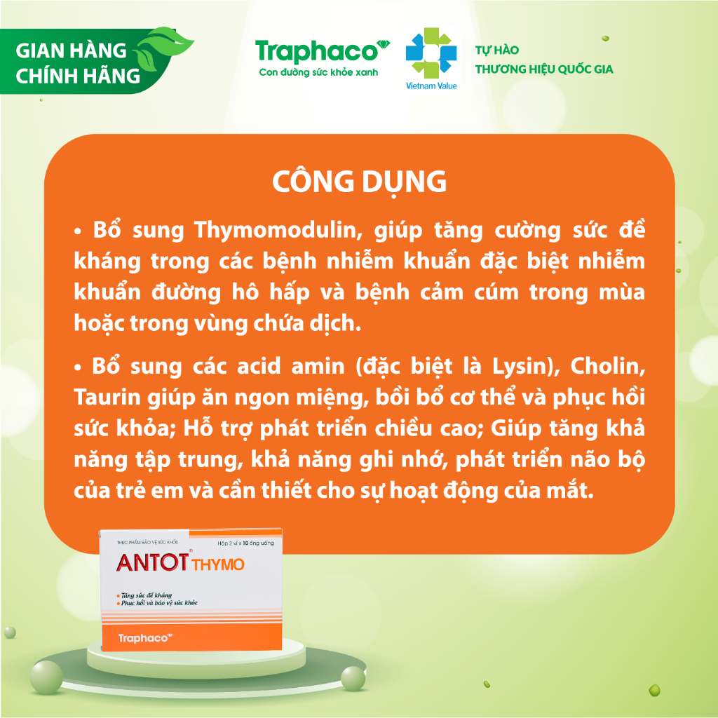 Ăn Ngon Tăng Đề Kháng Antot Thymo Traphaco Bổ Dưỡng Toàn Diện Cho Bé Và Người Lớn Vị Thơm Ngon 2Vỉ x10 Ống Uống