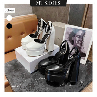 Giày cao gót nữ Lolita mũi bầu 2 lớp đế cao 15cm quai đính đá sang chảnh Guốc 15P bít hậu tiểu thư MT Shoes