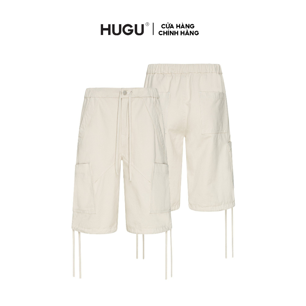 Quần short unisex màu beige local brand HUGU - HAYATE - form quần ống suông dài qua gối, có lưng chun, dây rút
