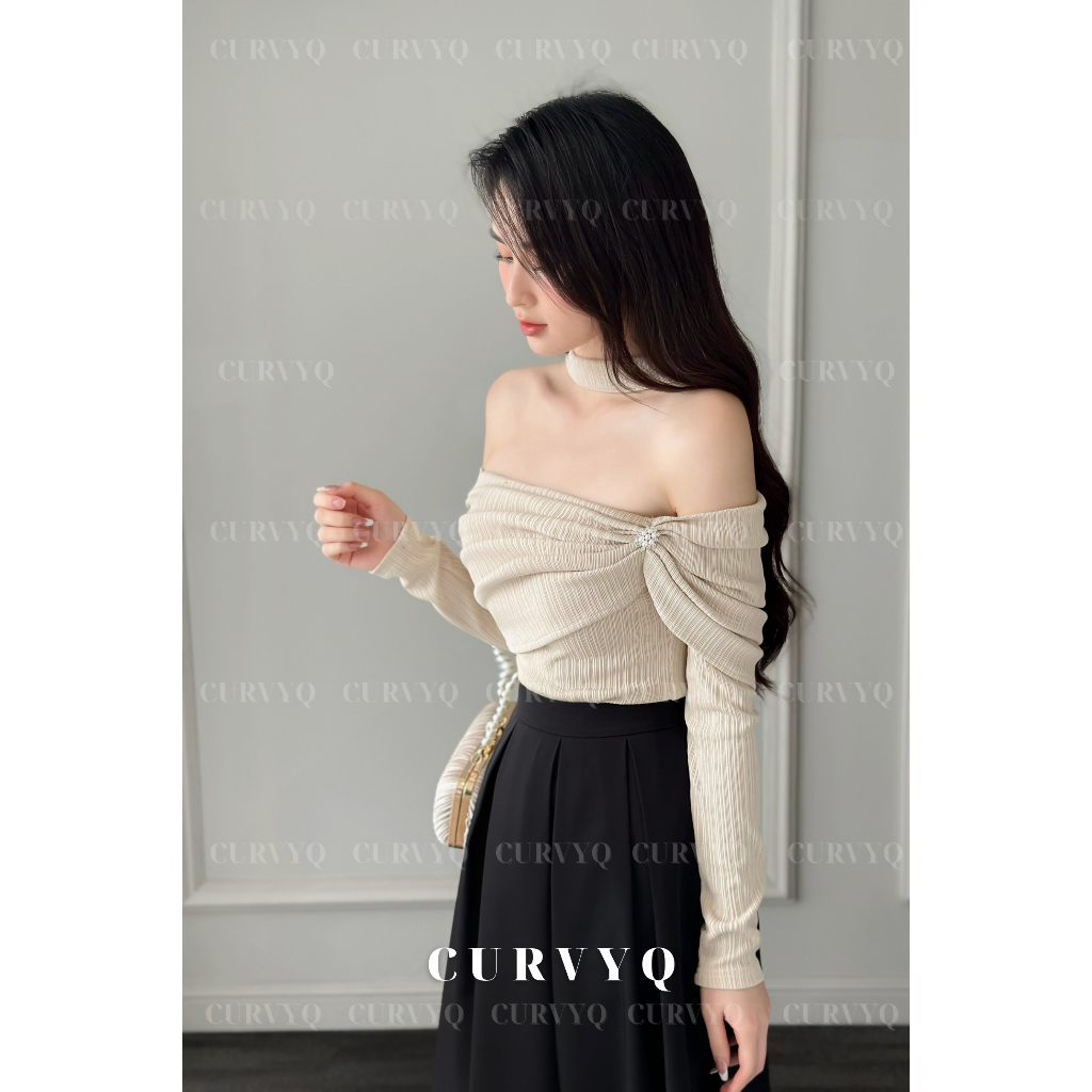 Áo Trễ Vai Dài Tay Cài Hoa Đá Quai Dây Quàng Cổ Thời Trang Thiết Kế Nữ CurvyQ