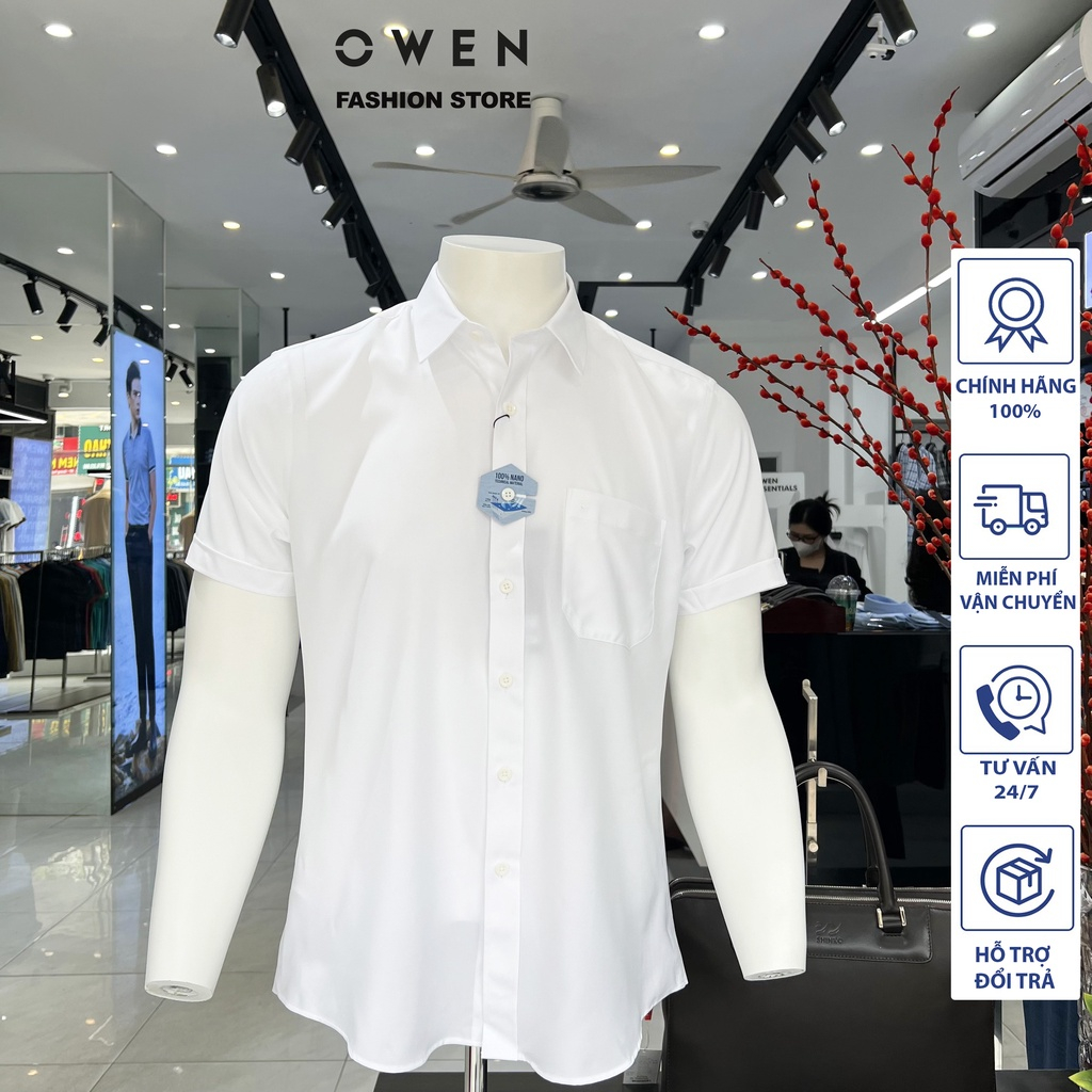 OWEN - (FREESHIP) Sơ mi trắng cộc tay chất NANO dáng Regular Fit Vạt ngang. Mã: AB230320NT