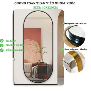 Gương treo tường toàn thân, Gương toàn thân oval viền nhôm size 40x120cm trang trí decor kèm phụ kiện mirrortoctoc