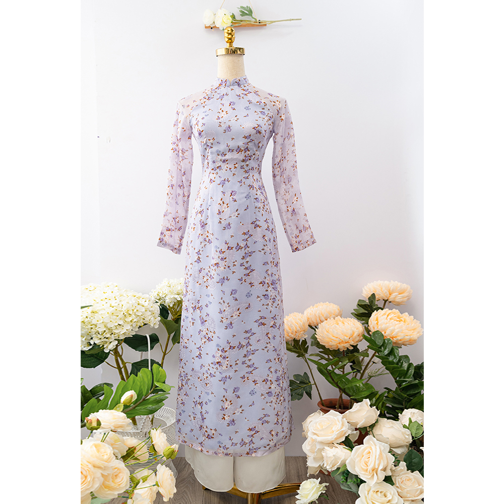 Áo dài truyền thống hoa nhí hồng thiết kế cổ tròn cao cấp 4 tà thương hiệu Giian - AD0101