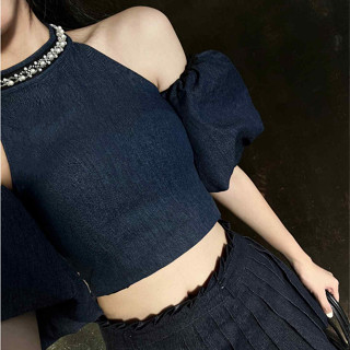 THE FANCE |  Áo yếm Denim tay rời trễ vai đính đá mang được 2 kiểu MERIDA CROPTOP