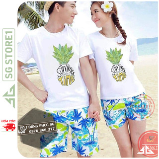 Đồ đôi đi biển nam nữ nguyên set gồm áo thun và quần short hoạ tiết nổi bật đủ size gia đình DDB44