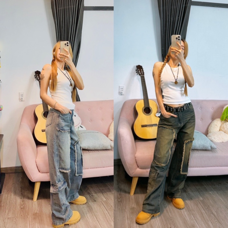 Jeans Túi Hộp Phối Tua Rua Màu Lạ Cá Tính