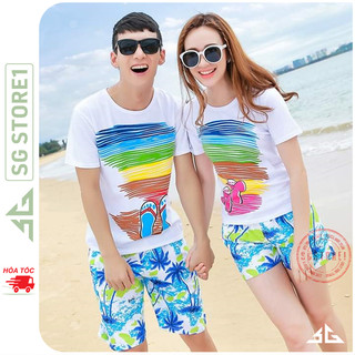 Đồ đi biển nam nữ gia đình set gồm áo thun và quần short nổi bật đủ size cho bé trai gái DDB47