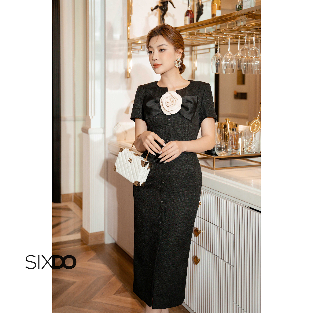 Đầm midi SIXDO (Black Split-front Midi Raw Dress)