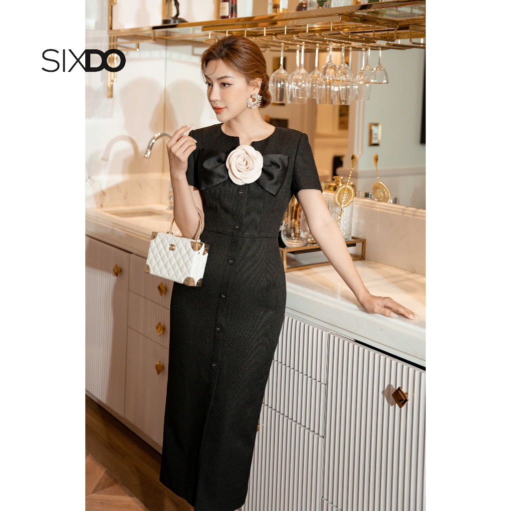 Đầm midi SIXDO (Black Split-front Midi Raw Dress)