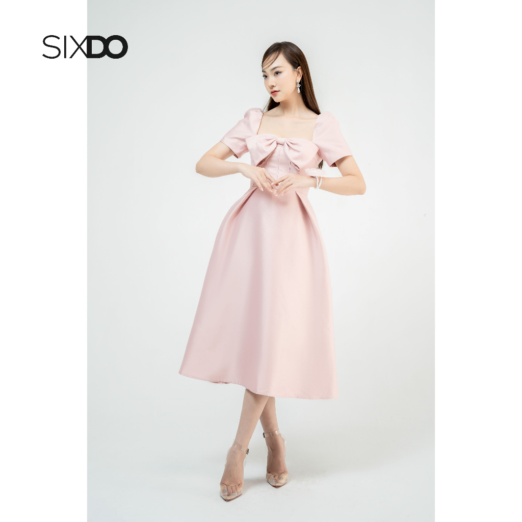 Đầm midi cổ vuông SIXDO (Pink Square Neck Midi Taffeta Dress)