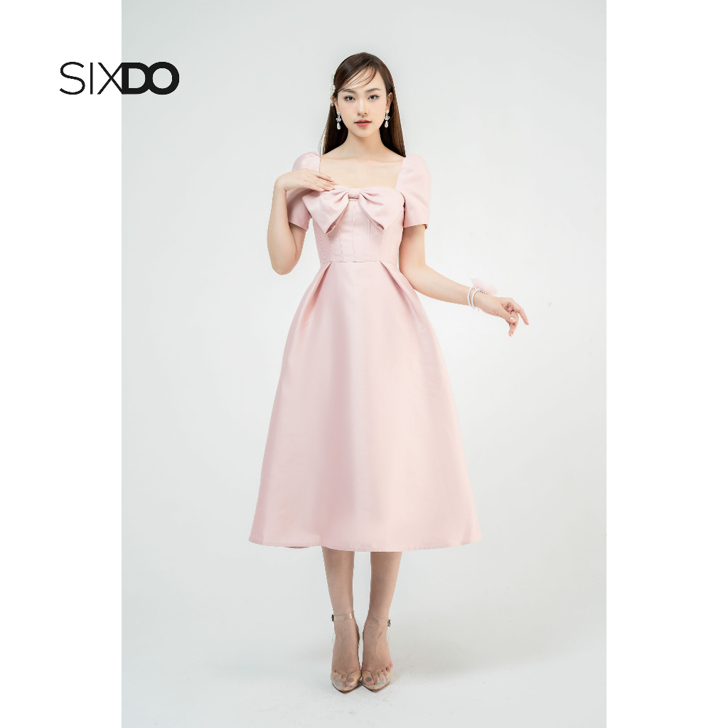 Đầm midi cổ vuông SIXDO (Pink Square Neck Midi Taffeta Dress)