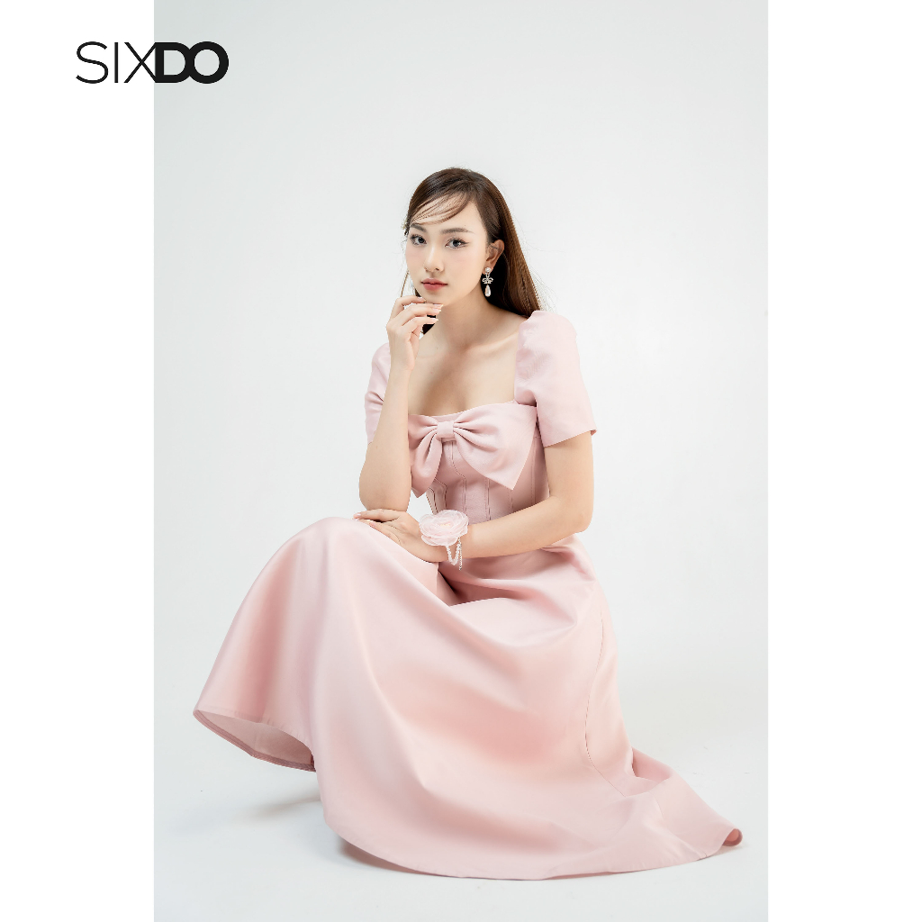 Đầm midi cổ vuông SIXDO (Pink Square Neck Midi Taffeta Dress)