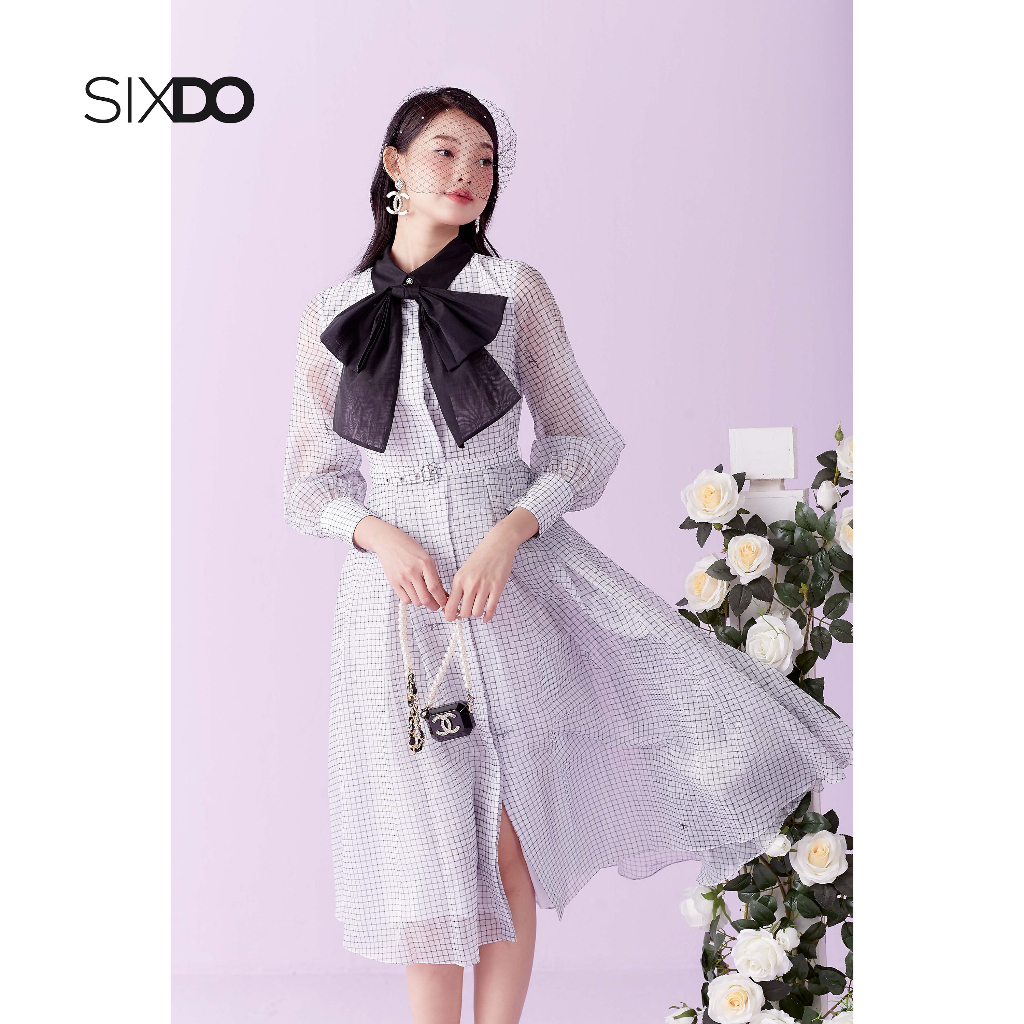 Đầm kẻ midi SIXDO (White Check Bowtie Midi Dress)