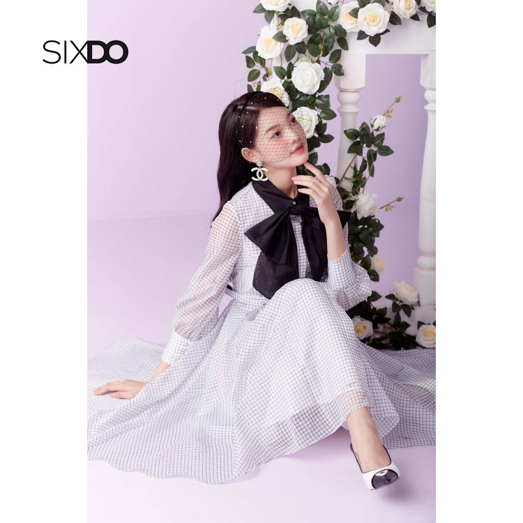 Đầm kẻ midi SIXDO (White Check Bowtie Midi Dress)