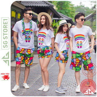 Đồ đi biển gia đình cặp đôi hội nhóm nam nữ đủ size áo và quần mẫu cầu vòng nổi bật DDB46