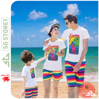 Đồ đi biển gia đình nguyên set gồm áo thun và quần họa tiết nổi bật đủ size nam nữ bé trai gái DDB14