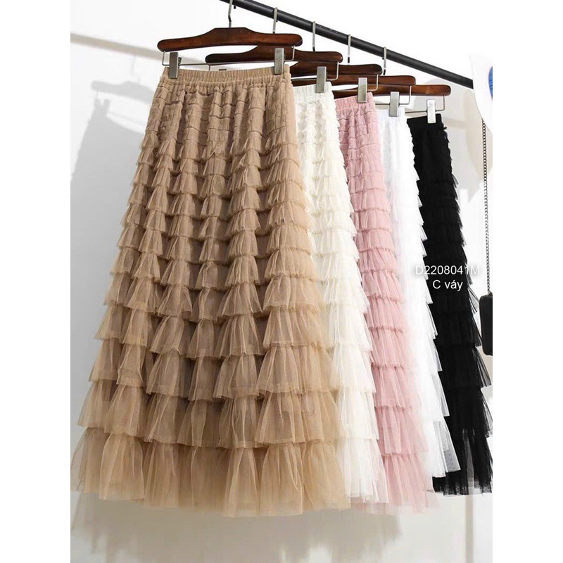 Chân váy voan lưới dài xoè xếp li đính hột hàng QC!