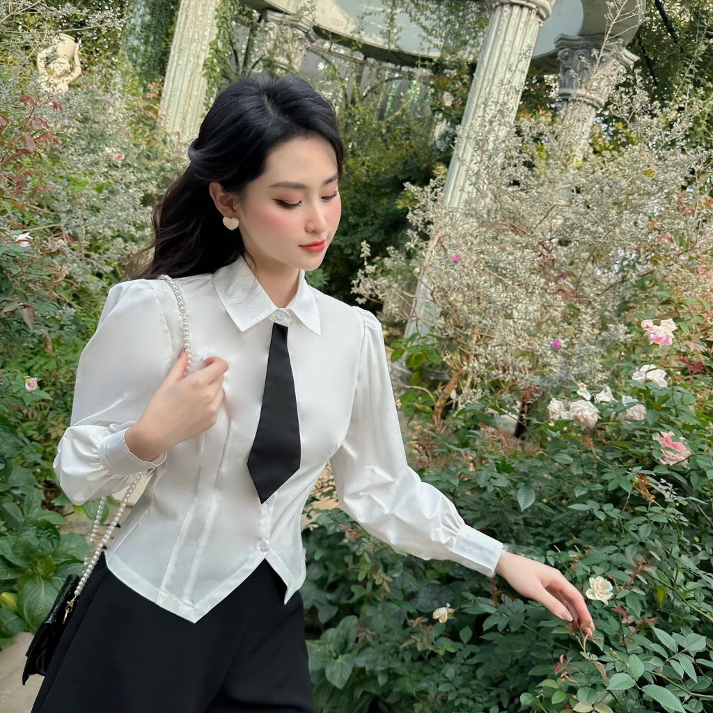 Set áo sơ mi trắng nữ dài tay  phối cà vạt ôm body có bigsize