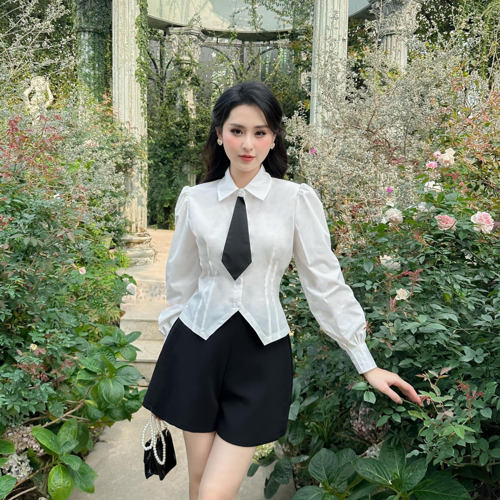 Set áo sơ mi trắng nữ dài tay  phối cà vạt ôm body có bigsize
