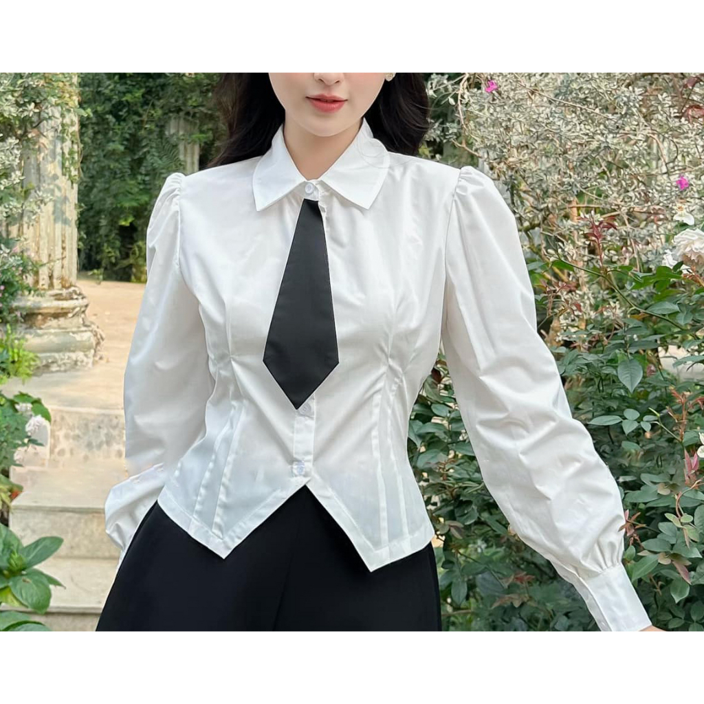 Set áo sơ mi trắng nữ dài tay  phối cà vạt ôm body có bigsize