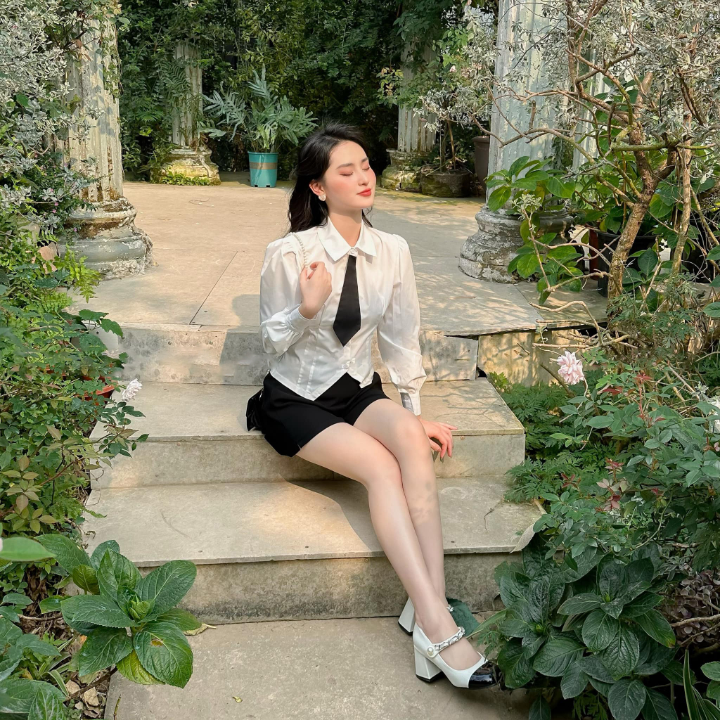 Set áo sơ mi trắng nữ dài tay  phối cà vạt ôm body có bigsize