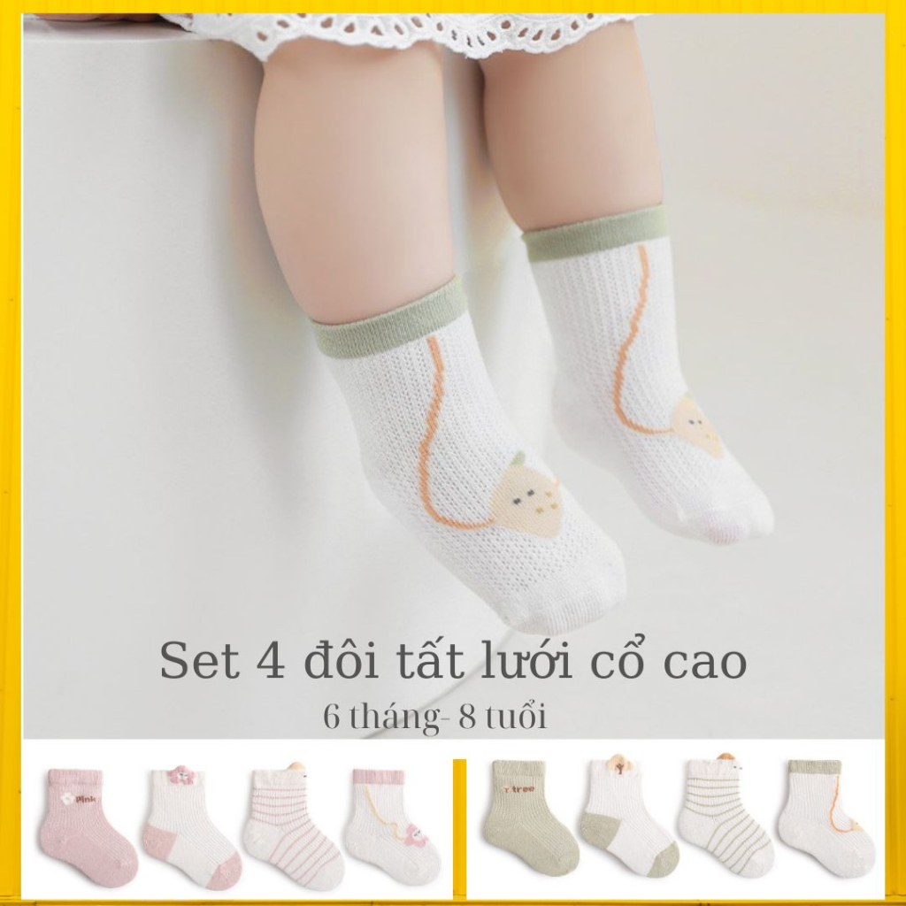 Set 4 đôi tất lưới cao cổ cho bé/ Tất cao cổ cho bé vải lưới thoáng khí size 6 tháng đến 8 tuổi