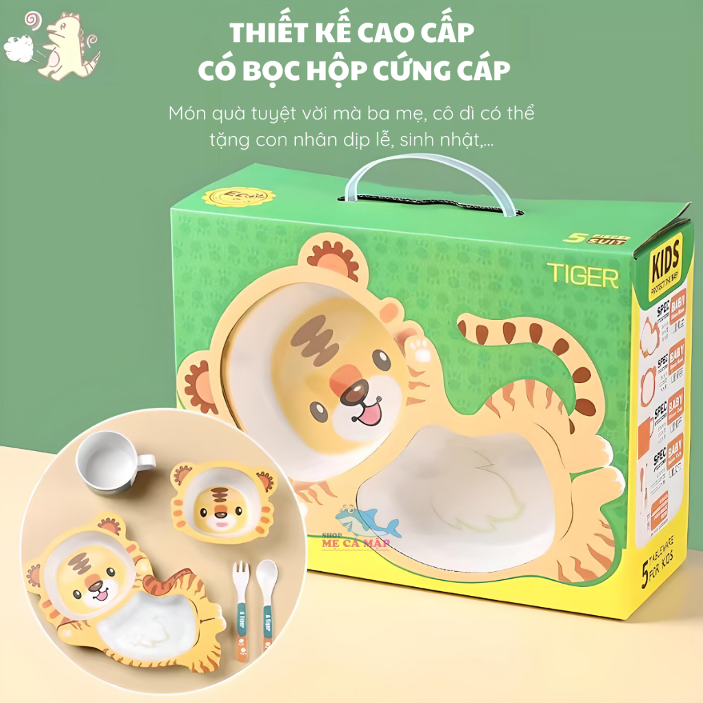 Khay Ăn Dặm Cho Bé Hình Hổ Vàng, Bát Ăn Dặm Cho Bé Chất Liệu Sợi Tre Tự Nhiên An Toàn Dễ Dàng Vệ Sinh