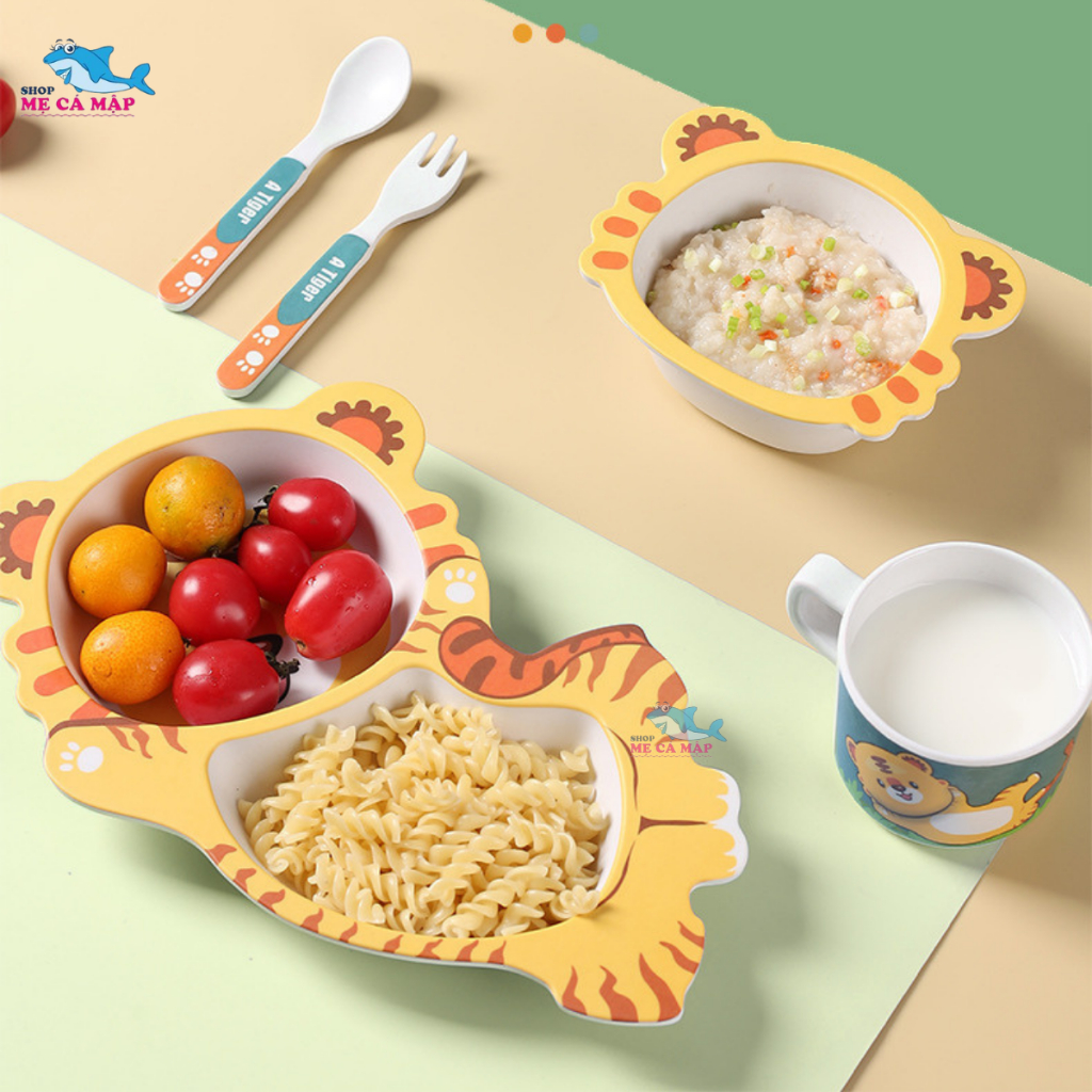 Khay Ăn Dặm Cho Bé Hình Hổ Vàng, Bát Ăn Dặm Cho Bé Chất Liệu Sợi Tre Tự Nhiên An Toàn Dễ Dàng Vệ Sinh