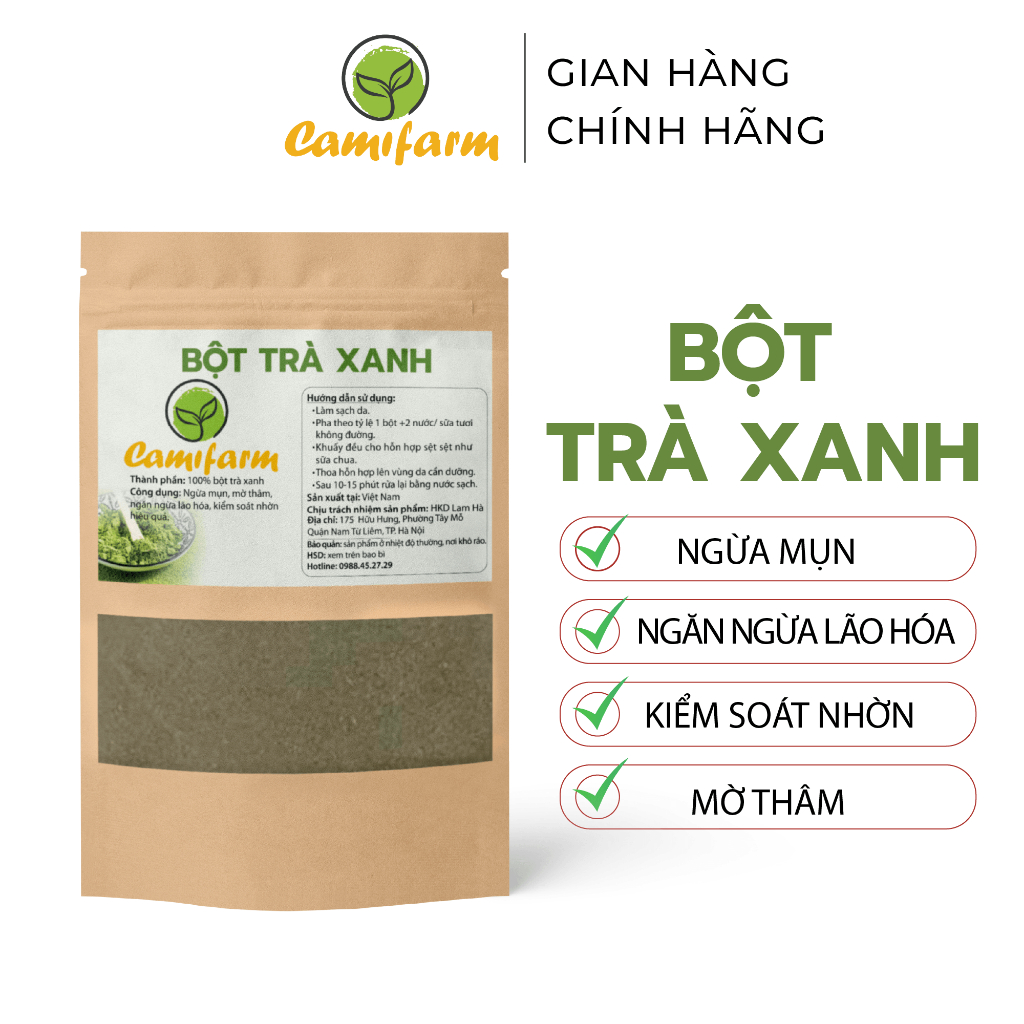 Bột trà xanh đắp mặt nguyên chất sấy lạnh hữu cơ CAMIFARM100% Organic