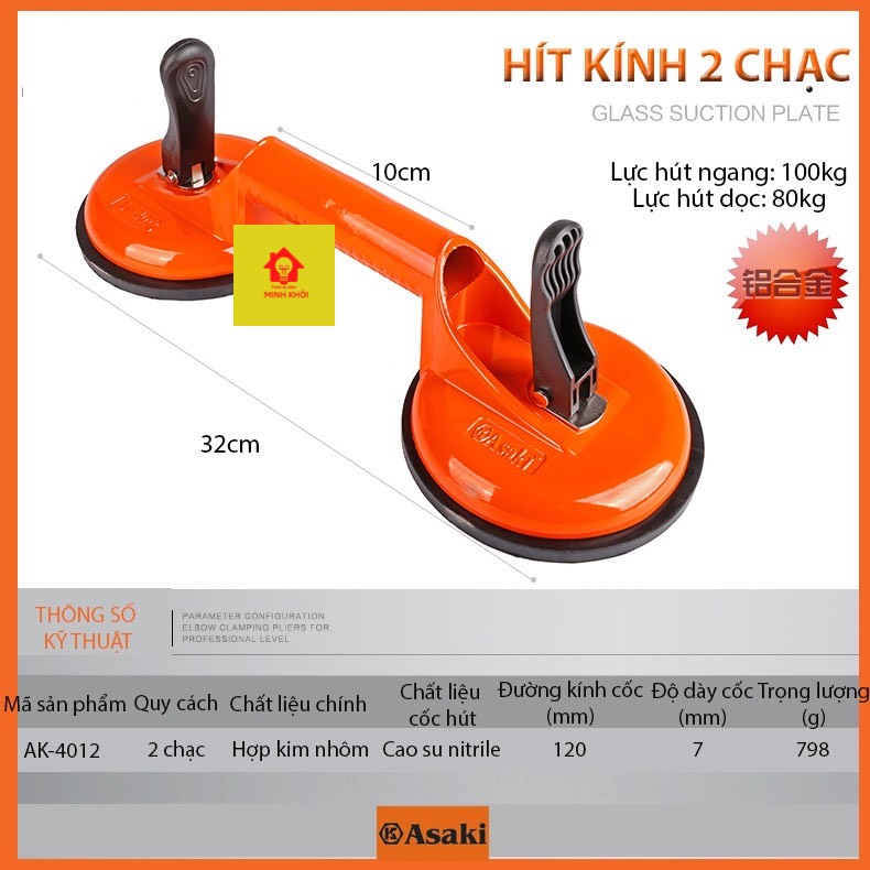 Tay hít kính Asaki, hít gạch cầm tay đa năng,dụng cụ hút kính,hút gạch đơn,đôi, 3 chạc,hít kính chân không,hút kính gạch