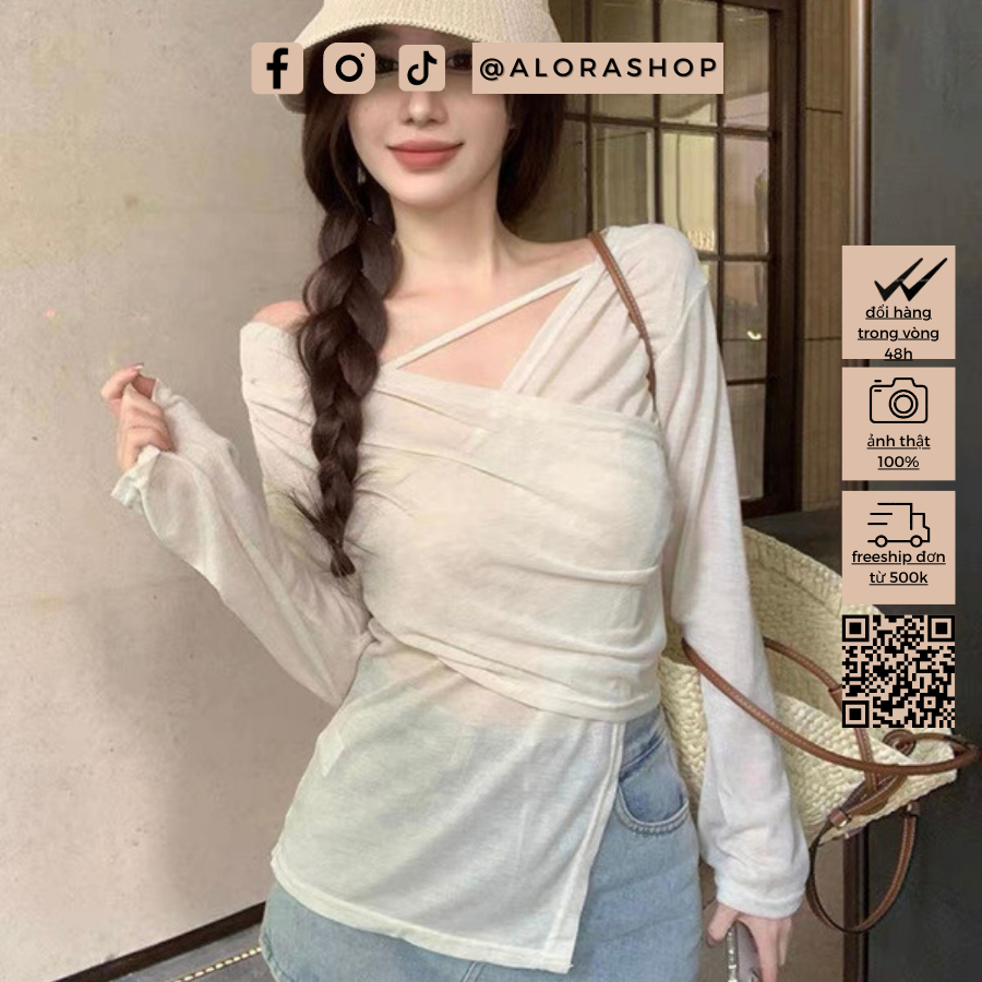 Áo phông giấy cổ thuyền dây chocker be, ghi, đen thời trang nữ Alora