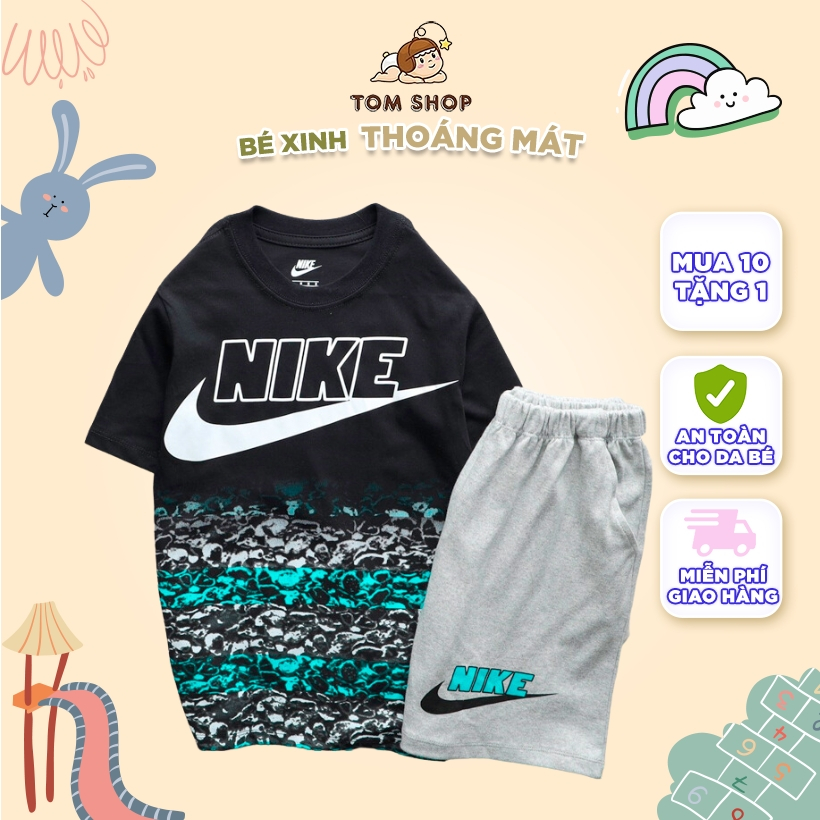 Đồ bộ bé trai logo Nike, quần áo cộc tay chất vải xịn, thấm hút mồ hôi từ 30-65 kg